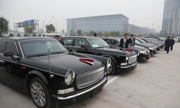 其中大部分车辆是国产品牌,老牌红旗车统一为黑色礼宾车.