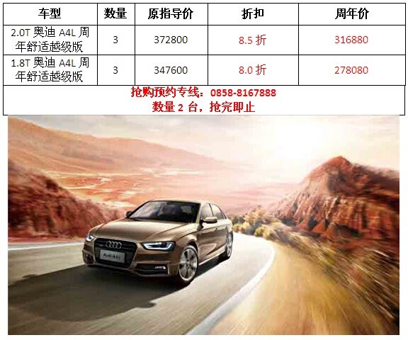 因数量有限,周年特供版奥迪a4l只限通过拨打预约专线:0858-8167888